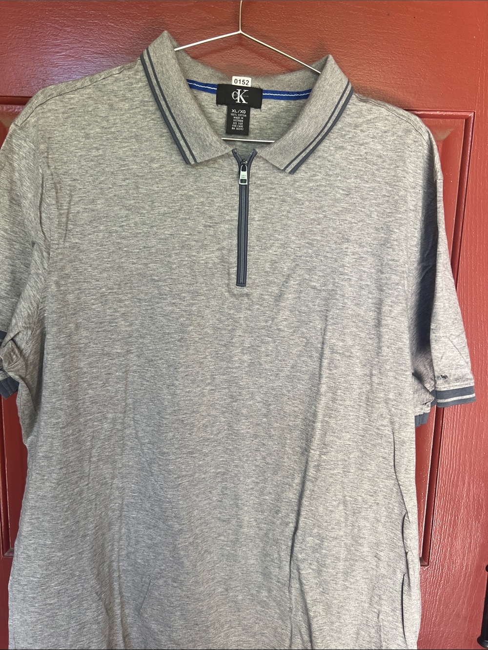 Calvin Klein Men’s Heather Gray Half-Zip Polo with Navy Trim